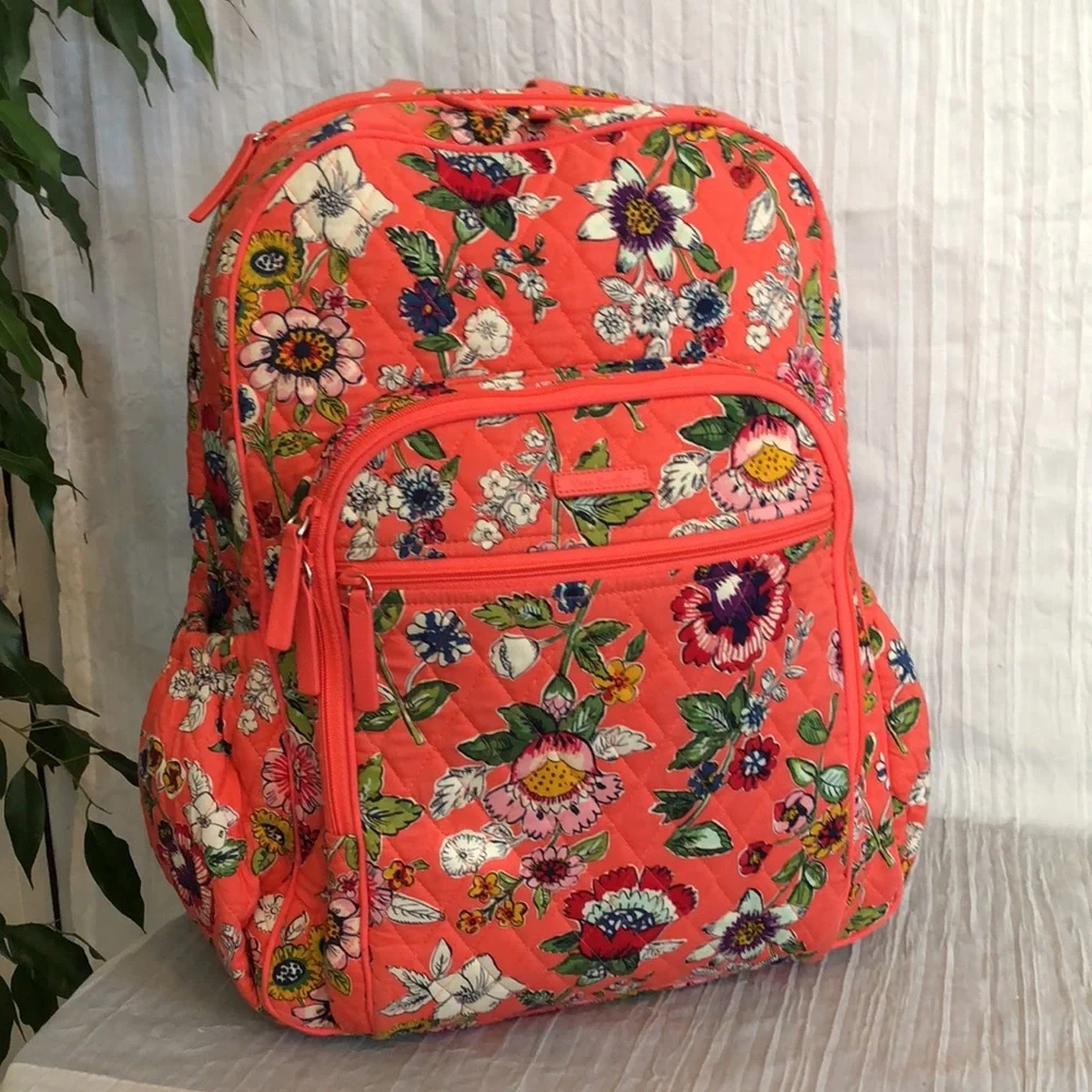 VERA BRADLEY XL Iconic Campus Coral Floral padded laptop tech backpack organizer - Picture 7 of 16